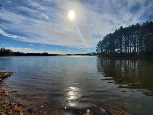 A serene lake scene with sunlight reflecting on the water, surrounded by trees and a clear blue sky.