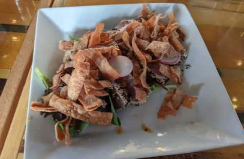 A plate of salad topped with crispy pork rinds, radishes, and greens, served on a white square dish.