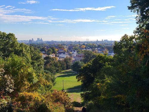 A scenic view of a city skyline from a hill, surrounded by trees and greenery under a clear blue sky.