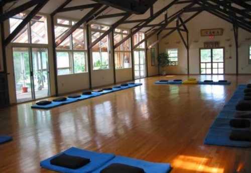 A spacious yoga studio with wooden floors, mats arranged in rows, and large windows letting in natural light.