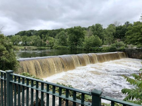 A waterfall cascades over a dam into a river, surrounded by lush green trees under a cloudy sky.