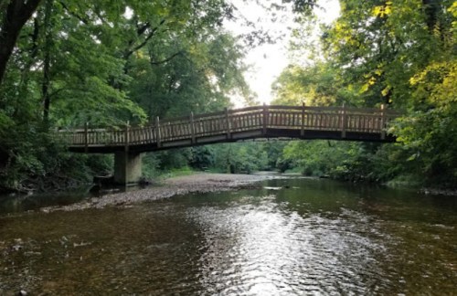 A wooden bridge spans a calm river, surrounded by lush green trees and dappled sunlight.