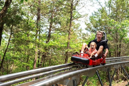 A child and an adult joyfully ride a roller coaster through a forested area, surrounded by trees.
