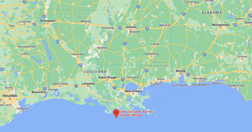 Map showing the southeastern region of Louisiana, highlighting the Isles Dernieres Barrier Islands Refuge.