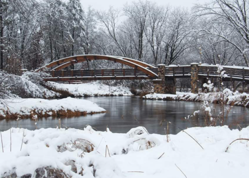 A wooden bridge arches over a snowy river, surrounded by trees blanketed in white.