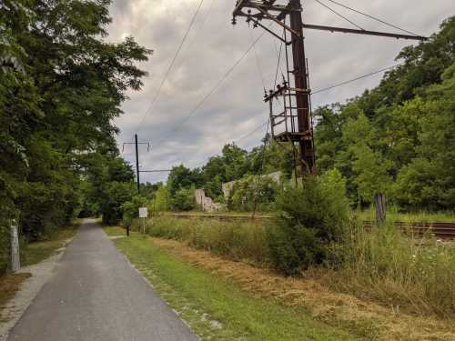 A pathway lined with greenery, leading to a railway track and an old power pole under a cloudy sky.