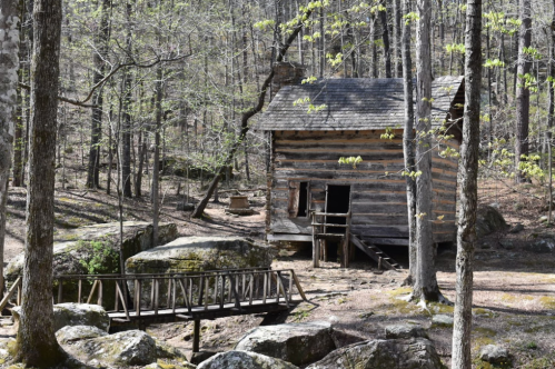 A rustic log cabin surrounded by trees and rocks, with a small wooden bridge nearby in a serene forest setting.