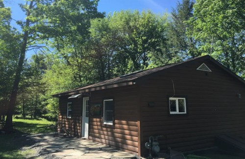 A rustic wooden cabin surrounded by lush green trees under a clear blue sky.