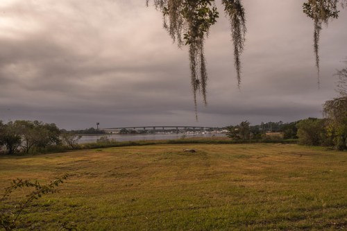A serene landscape featuring a grassy area, a bridge in the distance, and overcast skies with hanging moss.