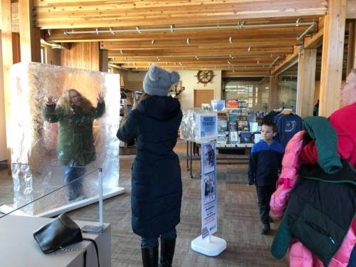 A person trapped in a large ice block, while others watch curiously in a cozy indoor setting.
