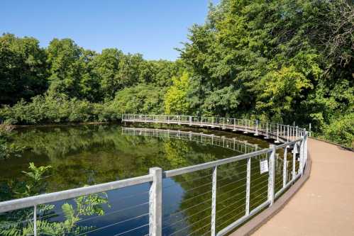 A serene pathway curves around a calm pond, surrounded by lush green trees under a clear blue sky.