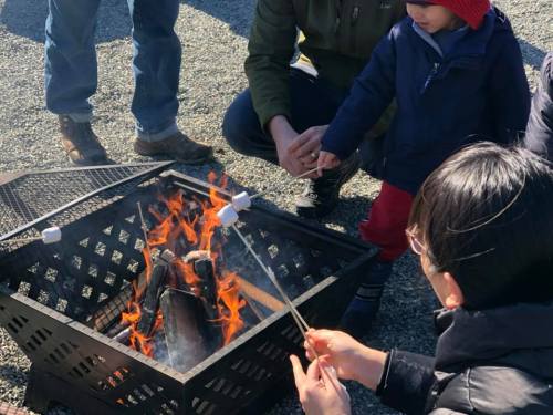 A group of people gathered around a fire pit, roasting marshmallows on sticks, with a child watching intently.