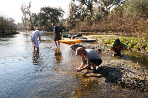 Four people are exploring a shallow riverbank, with kayaks nearby and lush vegetation in the background.