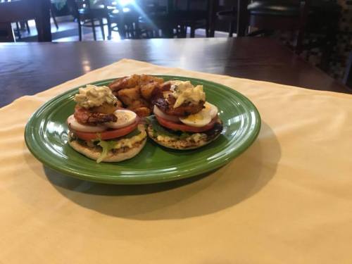 A green plate with two open-faced sandwiches topped with vegetables and a side of golden-brown potato wedges.
