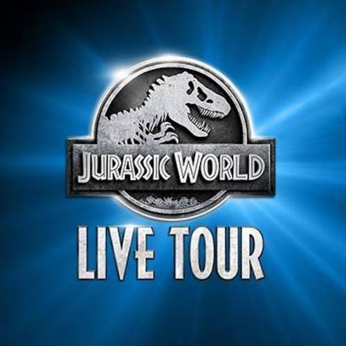 Logo for "Jurassic World Live Tour" featuring a dinosaur silhouette against a blue background.