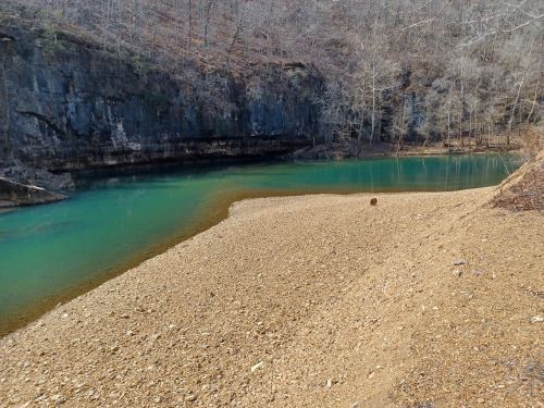 A serene riverbank with clear turquoise water, surrounded by rocky cliffs and bare trees in a tranquil landscape.