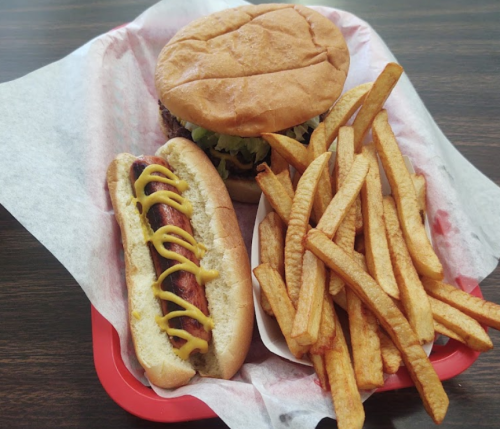 A plate with a hamburger, a hot dog with mustard, and a side of golden French fries.