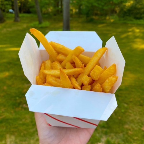 A hand holding a takeout box filled with golden, crispy French fries against a green outdoor background.