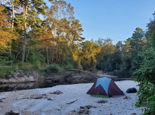 A tent set up on a sandy riverbank surrounded by trees and greenery under a clear blue sky.