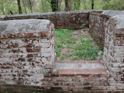 Ruins of a brick structure surrounded by greenery, with overgrown grass and trees in the background.