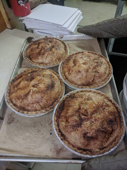 Four freshly baked pies on a baking tray, with golden-brown crusts and a sprinkle of cinnamon on top.