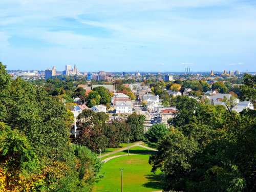 A panoramic view of a city skyline surrounded by trees and green spaces under a clear blue sky.