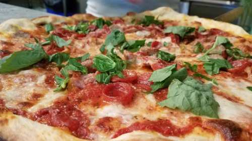 A close-up of a freshly baked pizza topped with tomato sauce, cheese, sausage, and fresh basil leaves.