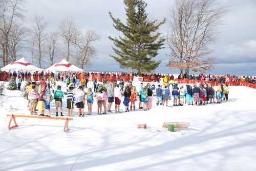 A crowd in winter attire gathers by a snowy lake, while participants in swimsuits prepare for a polar plunge event.