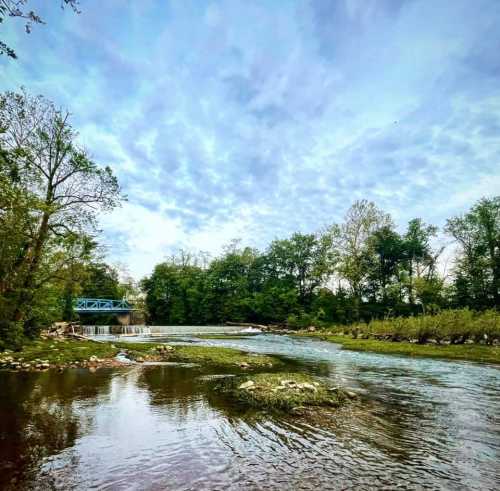 A serene river scene with lush greenery, a small waterfall, and a blue sky dotted with clouds.