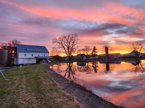 A serene sunset over a pond, reflecting vibrant colors, with a barn and trees in the background.