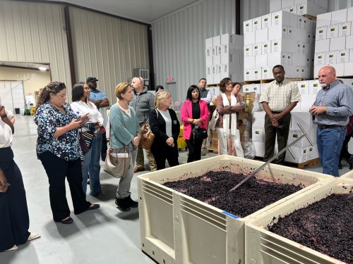A group of people listens to a speaker near large bins of grapes in a warehouse setting.