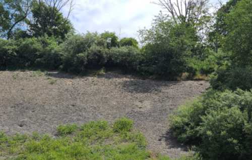 A rocky slope covered with sparse vegetation and trees under a partly cloudy sky.