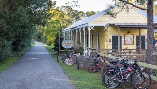 A yellow building with a sign, surrounded by trees, and bicycles parked along a path.