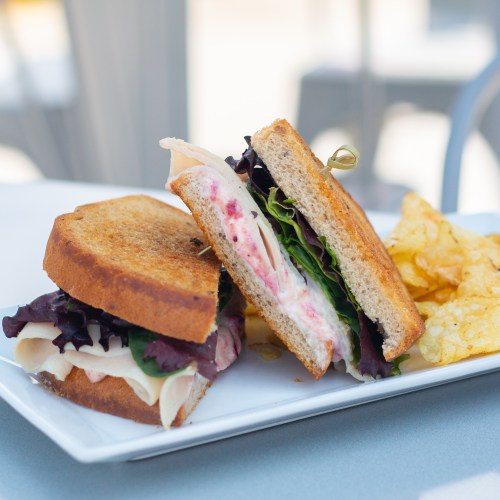 A toasted sandwich with turkey, lettuce, and tomato, served with a side of potato chips on a white plate.