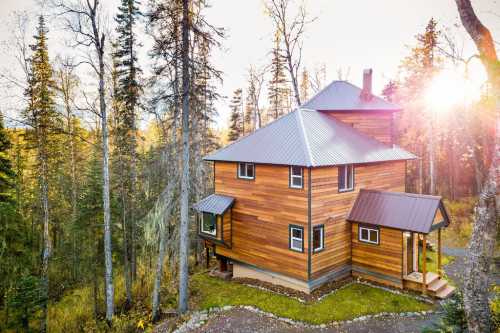 A modern wooden house surrounded by tall trees, with sunlight filtering through the leaves in a serene forest setting.