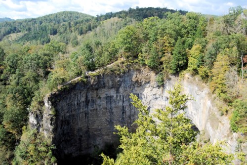 A deep, circular sinkhole surrounded by lush green trees and rolling hills under a partly cloudy sky.