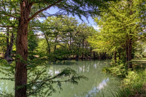 A serene river surrounded by lush green trees under a clear blue sky. Reflections shimmer on the water's surface.