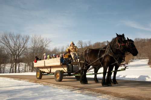 A horse-drawn wagon filled with children travels along a snowy road on a clear winter day.