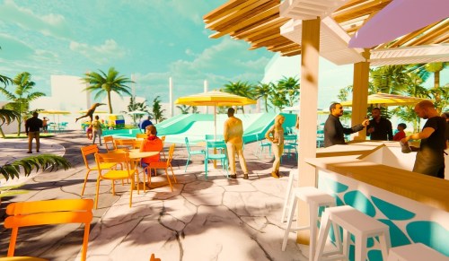 A vibrant outdoor café scene with colorful furniture, palm trees, and people enjoying the sunny atmosphere.