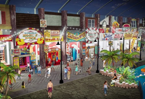 A vibrant boardwalk scene with colorful shops, games, and people enjoying a lively atmosphere under a night sky.