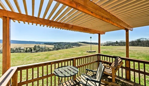 A wooden deck with chairs and a table overlooks a vast green landscape and distant hills under a clear blue sky.