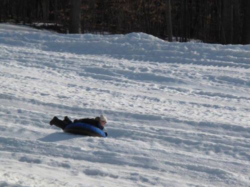 A child sleds down a snowy hill, lying on a blue inner tube against a backdrop of white snow and trees.