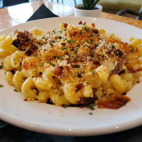 A creamy pasta dish topped with breadcrumbs and herbs, served in a white bowl on a table.