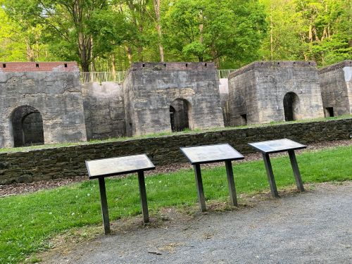 Ruins of stone structures in a green park, with informational signs in the foreground and trees in the background.