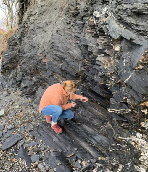 A person in an orange sweater examines rock layers at a rocky shoreline, surrounded by trees and natural scenery.
