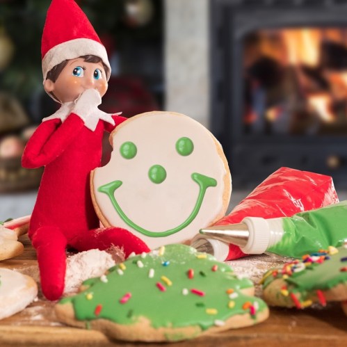 An elf doll sits beside decorated cookies and icing tubes, with a smiling cookie in hand, in a cozy setting.