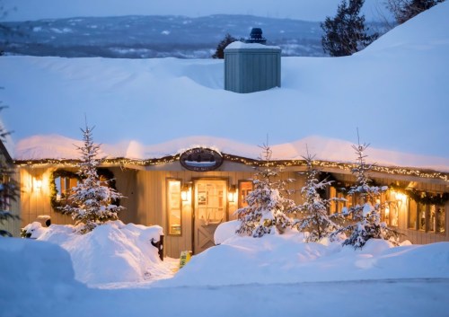 A cozy cabin adorned with lights, surrounded by deep snow and evergreen trees, under a twilight sky.