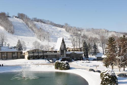 A snowy landscape featuring a ski slope, a lodge with a clock tower, and a frozen pond with a fountain.