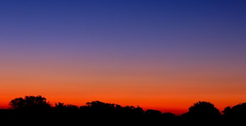 A vibrant sunset with deep blue and orange hues, silhouetted trees line the horizon against a colorful sky.