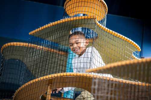 A smiling child plays inside a colorful, multi-level play structure with netting.